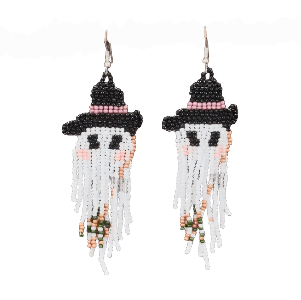 Unisex Halloween Beaded Ghost Earrings Black/White/Pink/Green